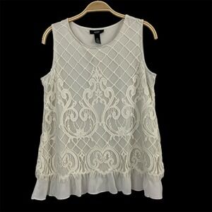 ALFANI Lace Overlay Peplum Top Women PM Cream Quilted Flapper Regencycore